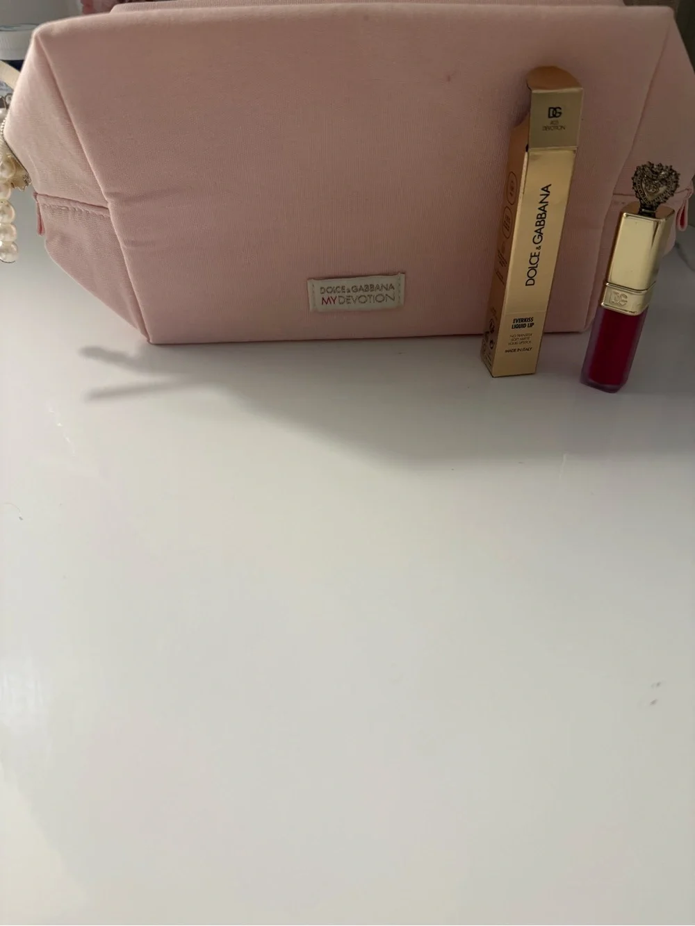 Dolce & Gabbana Pink 'My Devotion' Cosmetic Pouch with everkiss Red lipstick